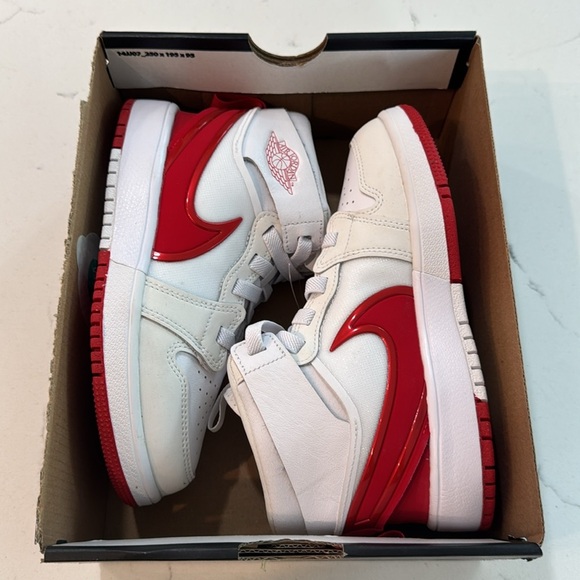 Nike Jordan 1 Mid RM Easton (PS) red and white high top shoes. Youth size 13.5C. - Picture 10 of 10